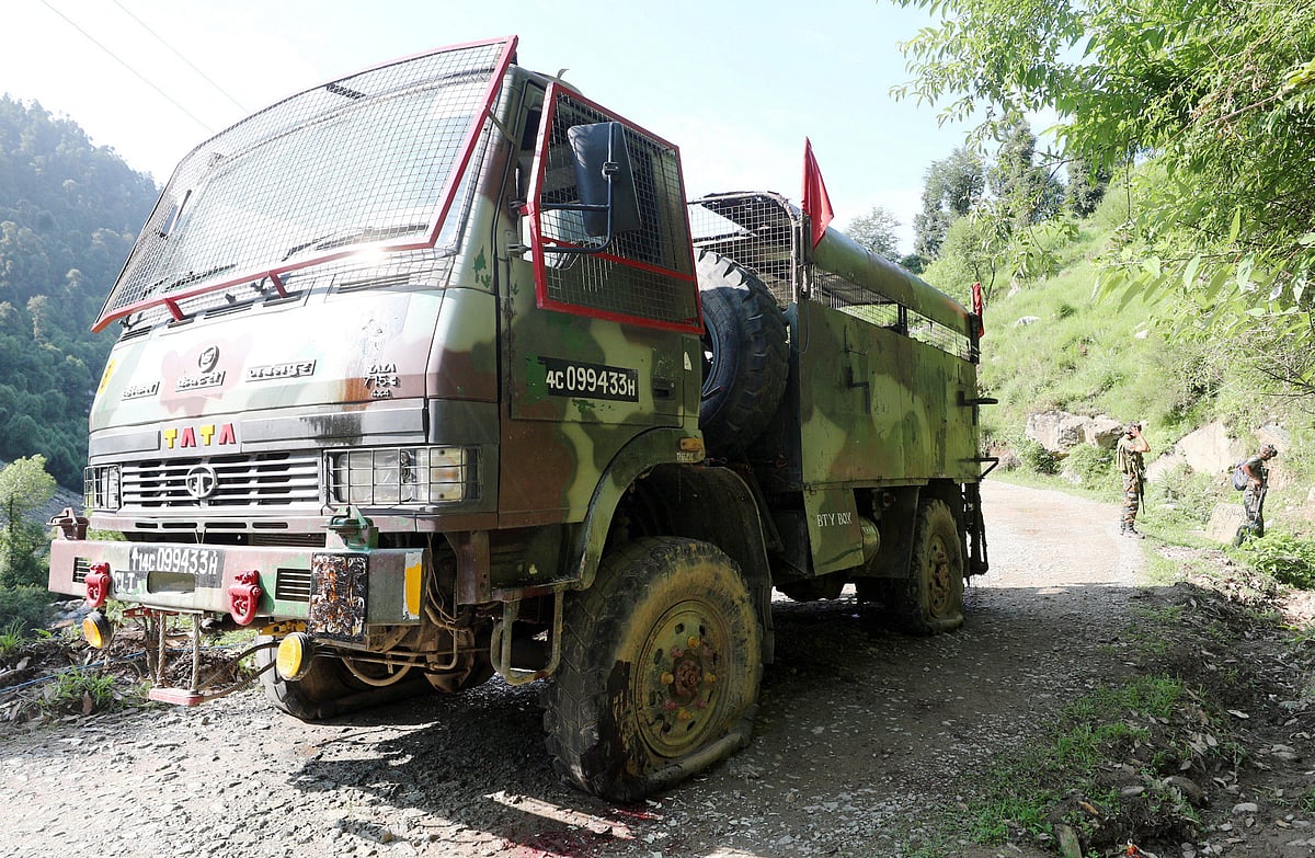Punctured tyres of the Indian Army vehicle following a terrorist attack on an Army convoy, in Kathua district, Tuesday - PTI